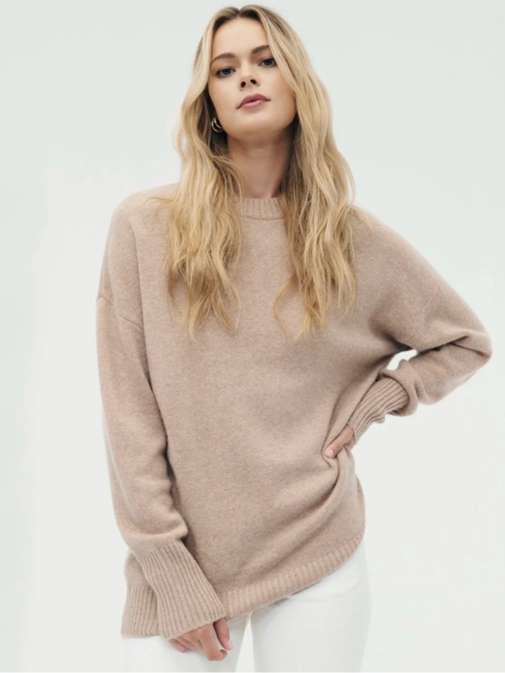 NAADAM 100% Luxe Cashmere Oversized Crewneck Sweater Ribbed Tan Brown L